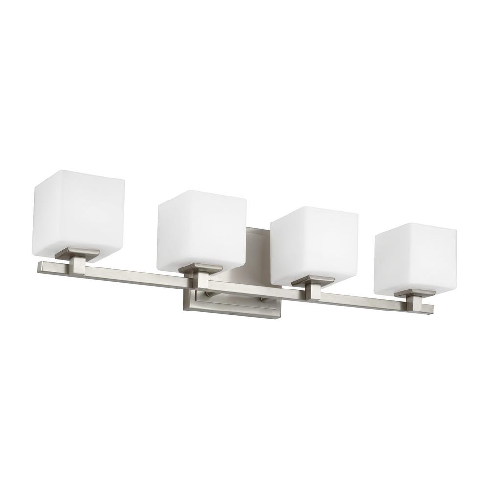 Feiss Sutton 28 In 4 Light Satin Nickel Vanity Light With Opal Etched Glass Shades Vs24324sn L1 The Home Depot