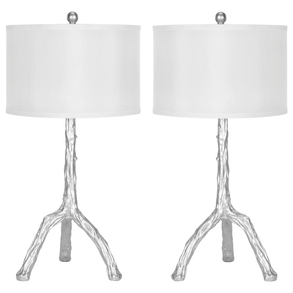 silver table lamp with white shade