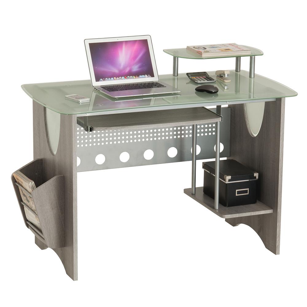 Techni Mobili Gray Frosted Glass Top Computer Desk With Storage