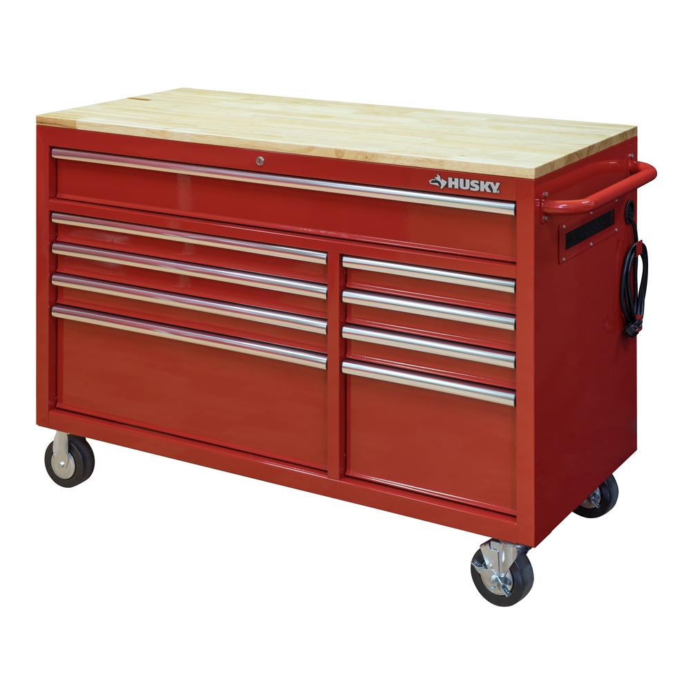 Husky 52 in. W 9-Drawer, Deep Tool Chest Mobile Workbench in Gloss Red