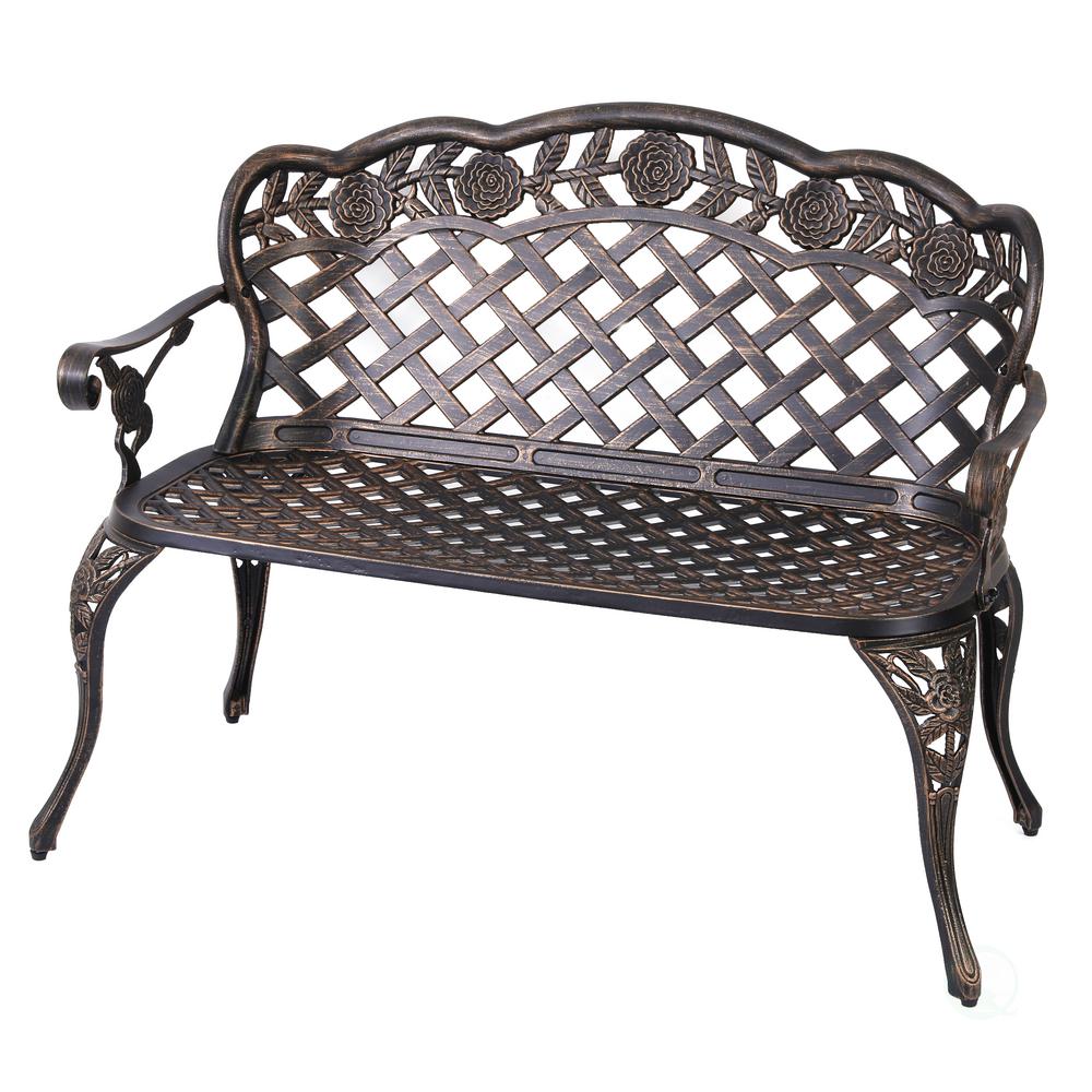 Deer Park Daisy Metal Patina 32 in. L x 19 in. D x 32 in. H Patio Bench ...