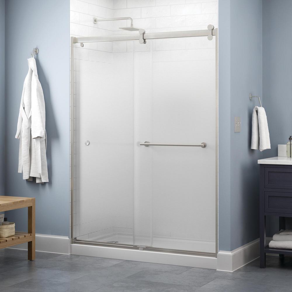 Delta Lyndall 60 X 71 In Frameless Contemporary Sliding Shower Door In Nickel With Droplet Glass