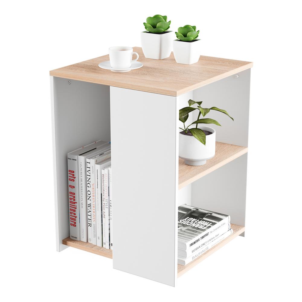 Lavish Home White Brown Minimalist Cube End Table With Open