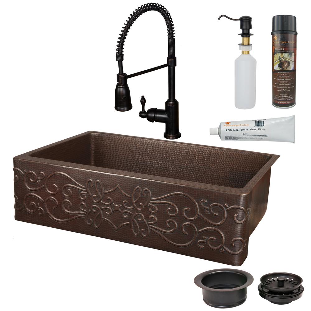 Premier Copper Products All In One Farmhouse Apron Front Copper 35 In 0 Hole Single Basin Kitchen Sink With Scroll Design In Oil Rubbed Bronze