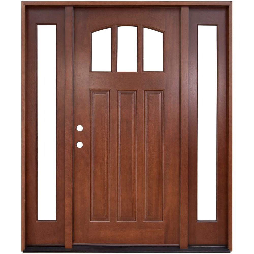 Doors With Glass Wood The Home Depot 60 In X 80 Craftsman 3 Lite Arch Stained Mahogany