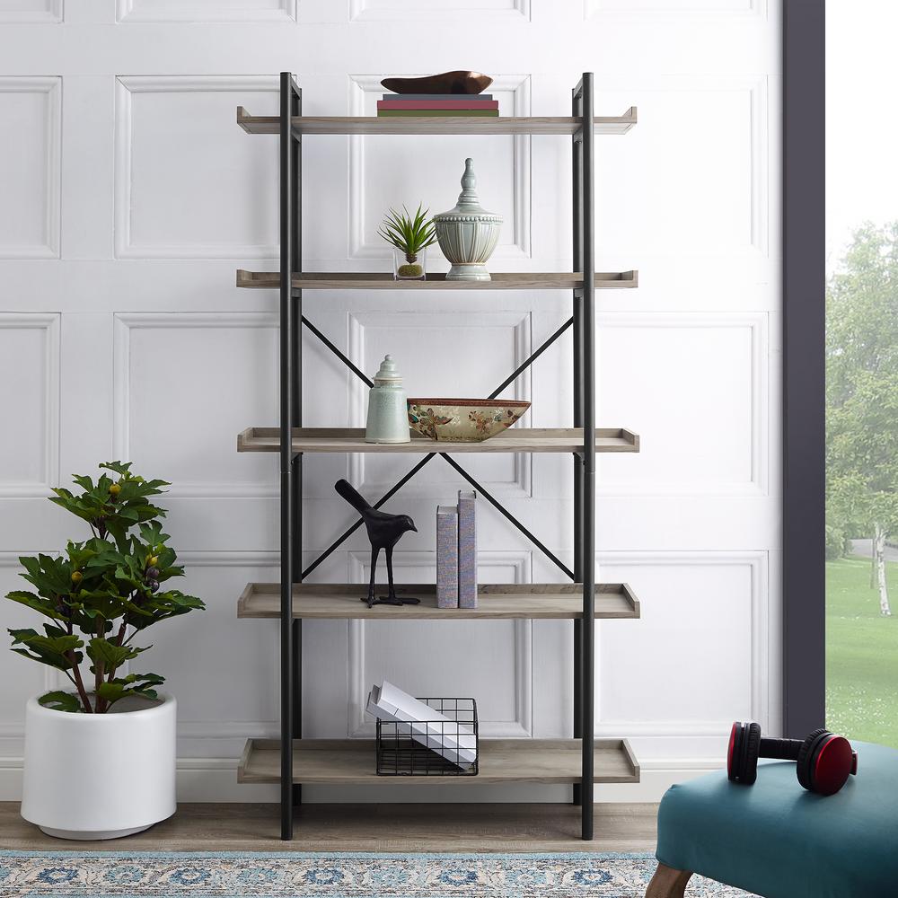 Walker Edison Furniture Company 68 in. Barnwood/Black Metal 5shelf Etagere Bookcase with Open