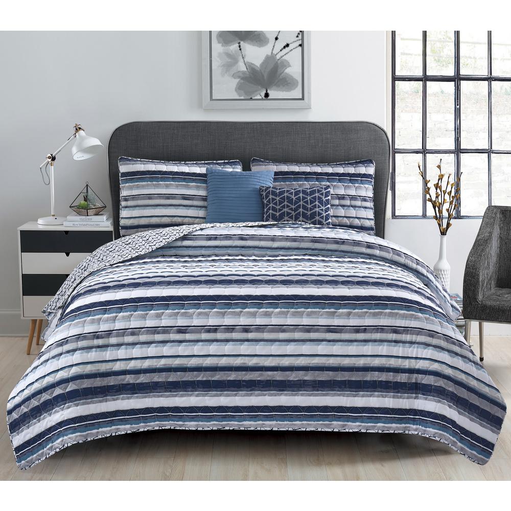 R2zen Celine 5 Piece Striped Blue King Quilt Set A604bl04 The