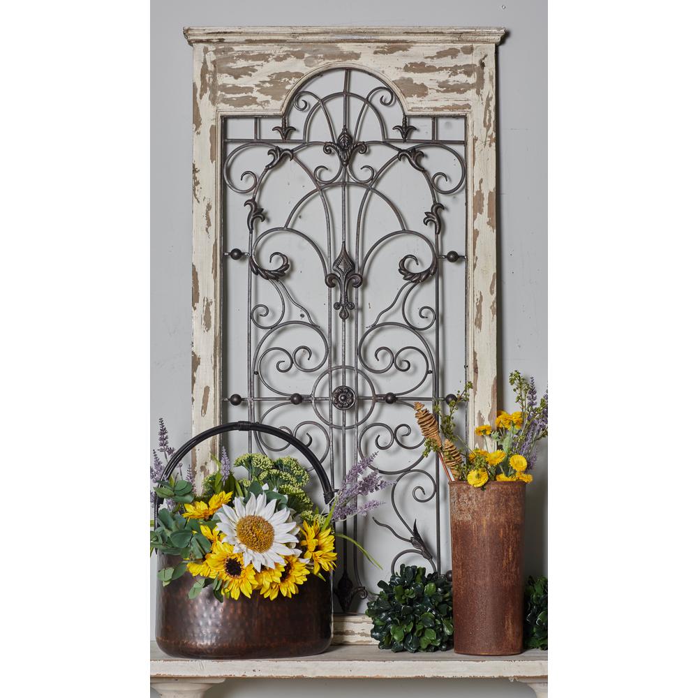 51 In X 27 Arched Window Panel With Iron Scrollwork Grill Framed Wooden Wall Art