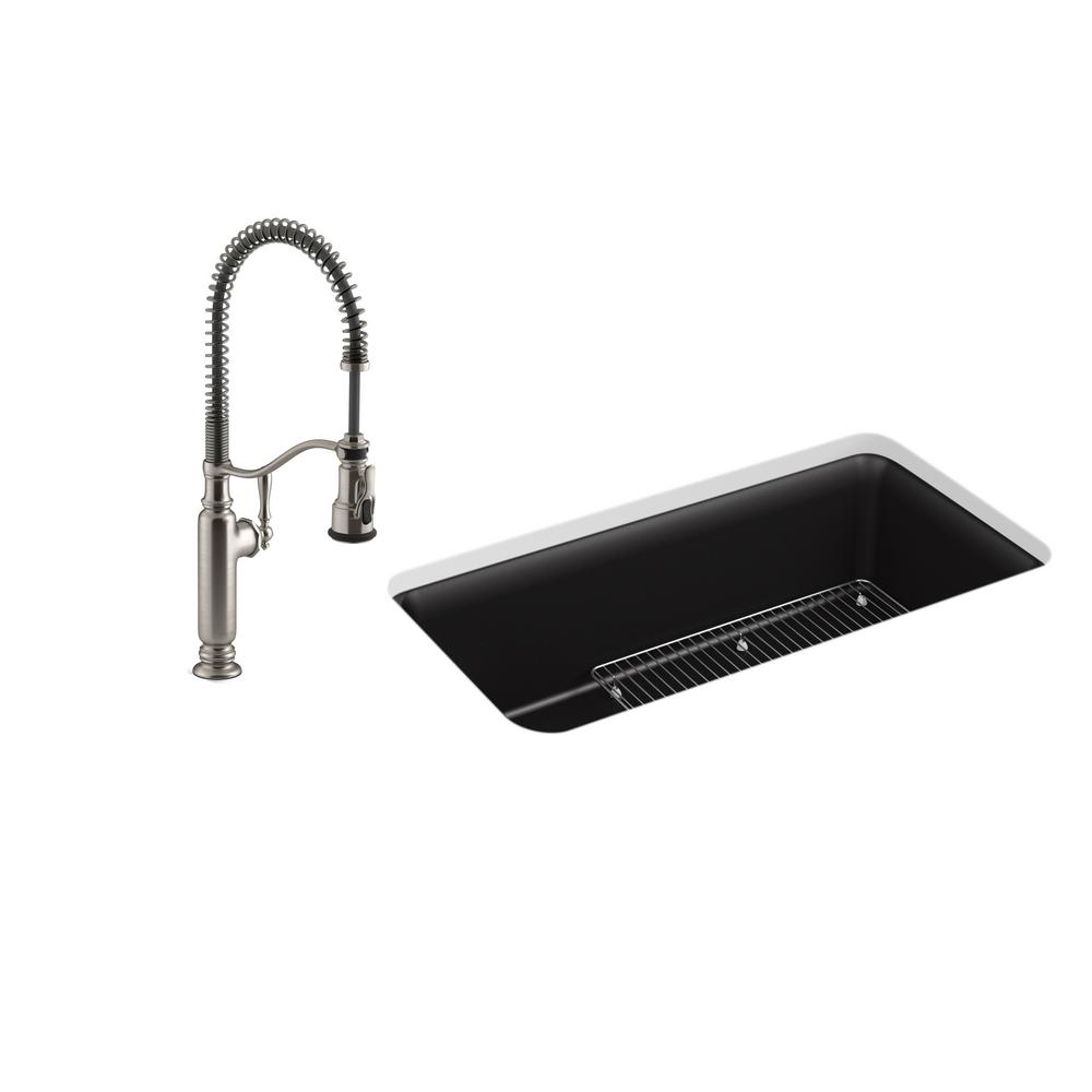 Kohler Cairn All In One Undermount 33 In Single Bowl Kitchen Sink In Matte Black With Tournant Faucet In Stainless Steel