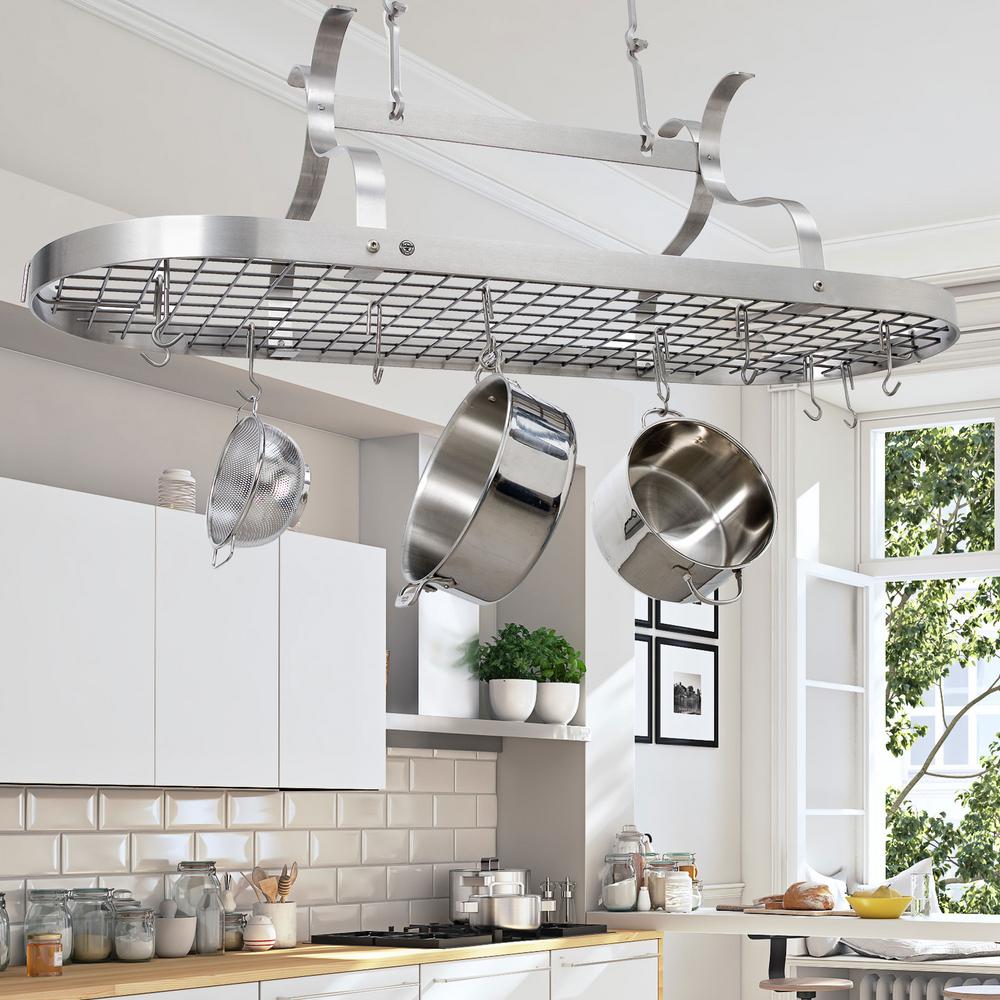 Enclume Handcrafted Scroll Arm Oval Ceiling Pot Rack With 24 Hooks Scroll Arm Oval Ceiling Pot Rack