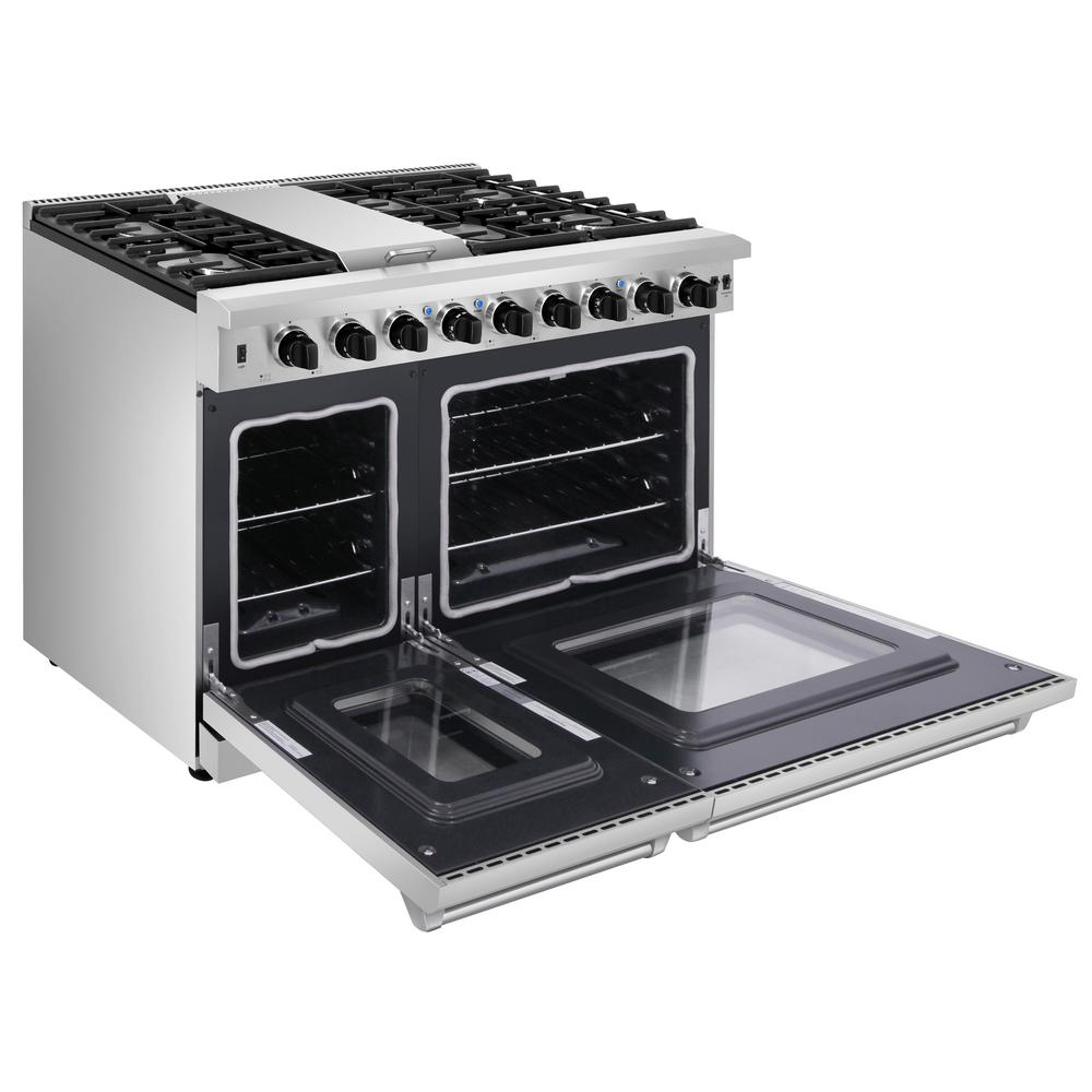 HRG4808U-LP in Gas Range 6 Burners 1 Griddle 6.7cu.ft Oven Propane//NG Double Oven with Thor Kitchen 48 Free Standing/&Slide