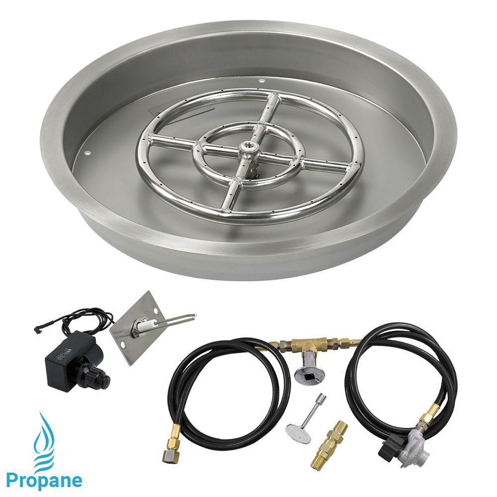 American Fire Glass 19 In Round Stainless Steel Drop Pit Round Stainless Steel Drop In Fire Pit Pan With Spark Ignition Kit Propane 12 Ring Burner Included