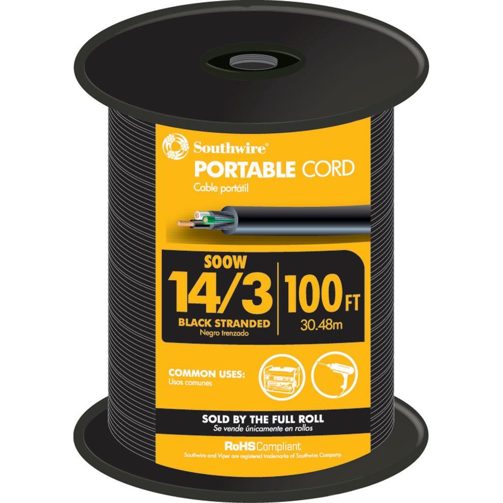 Southwire 100 Ft. 14/3 600-Volt CU Black Flexible Portable Power SOOW ...