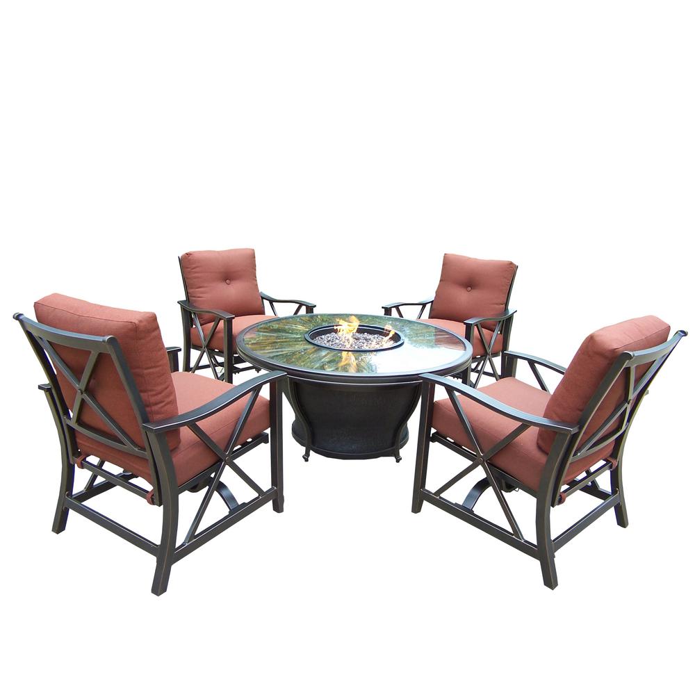 7-Piece Metal Patio Fire Pit Conversation Set with Red Cushions