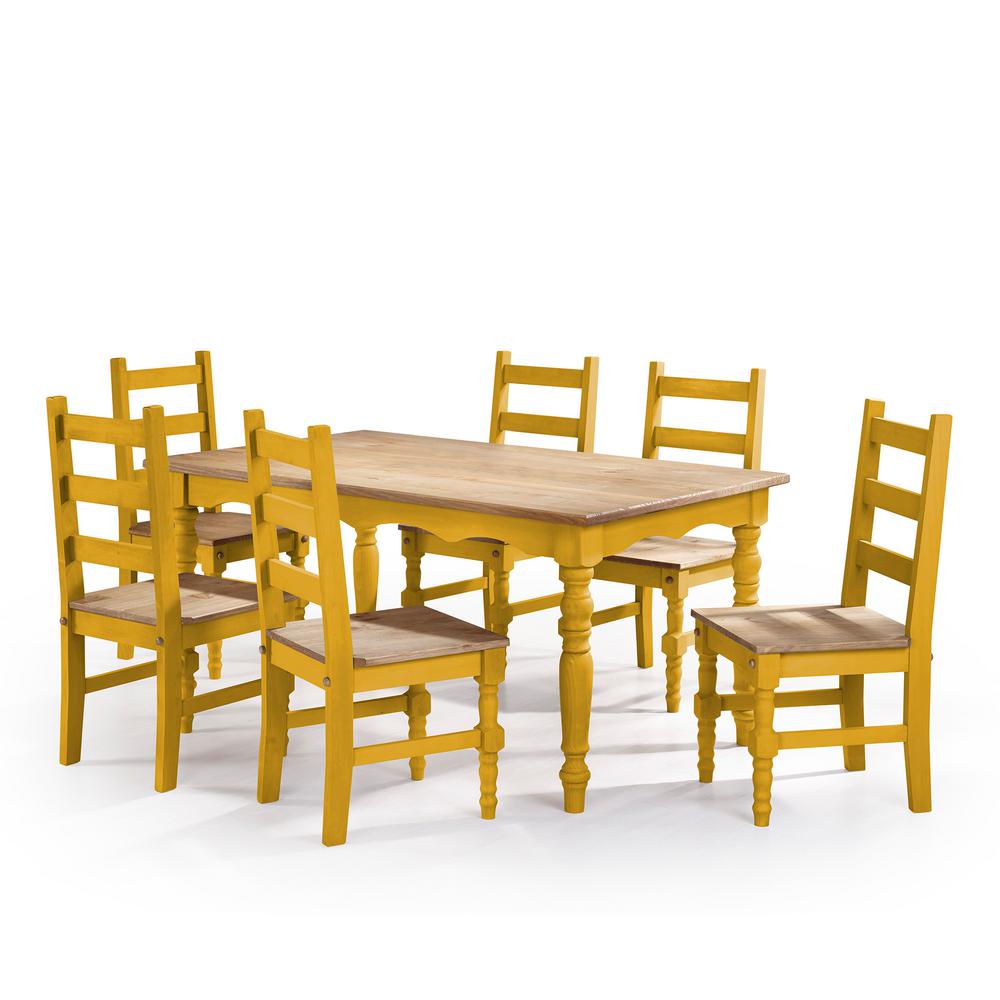 Manhattan Comfort Jay 7-Piece Yellow Wash Solid Wood Dining Set with 6 ...