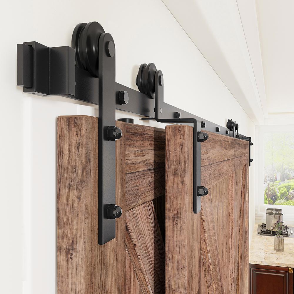5ft Single Track Bypass Space Saving Double Wooden Doors Use Single Track Low Ceiling Flat Track Roller SMARTSMITH 4 FT- 12 FT Bypass Barn Door Hardware Kit
