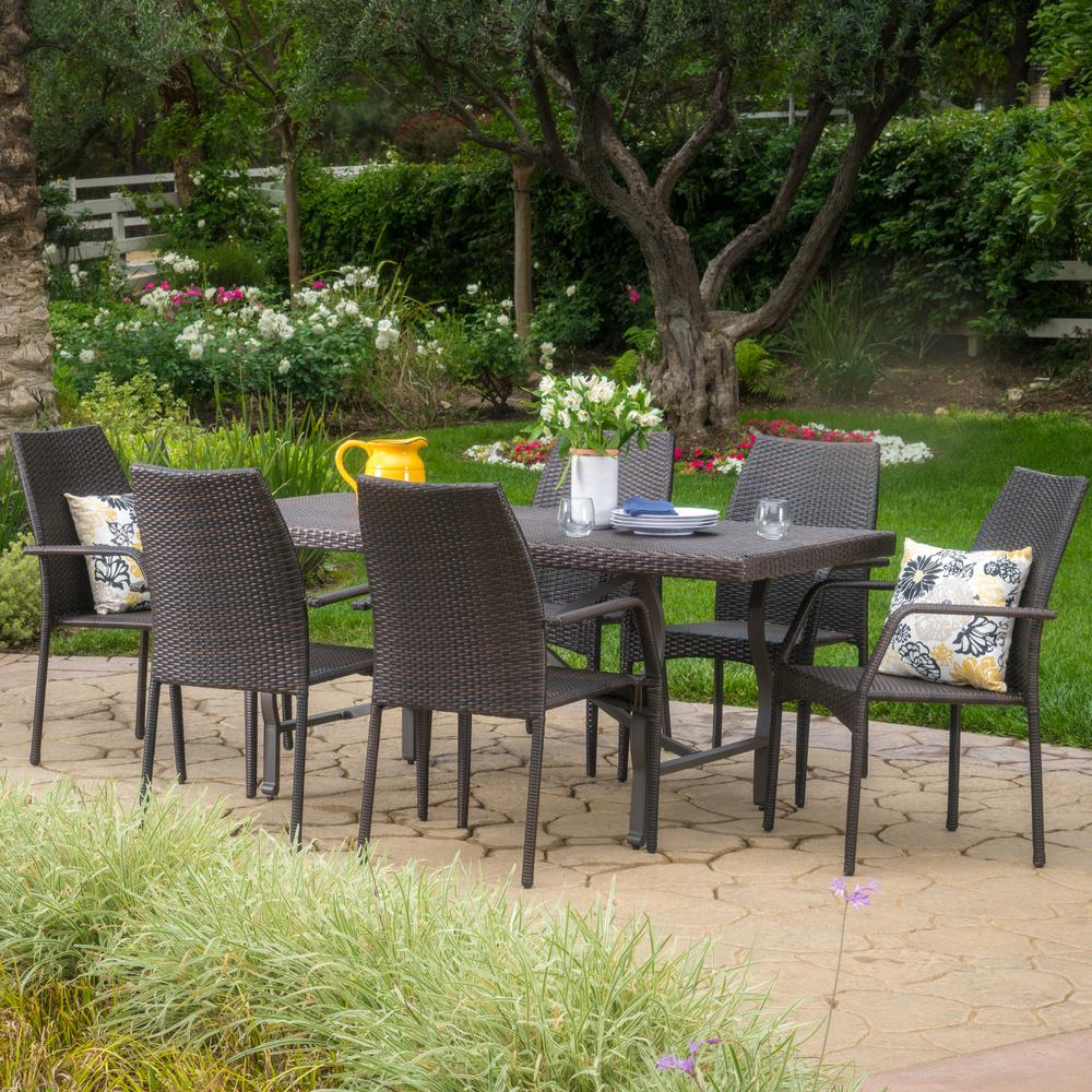 Noble House Alexandria Multi-Brown 7-Piece Wicker Outdoor Dining Set