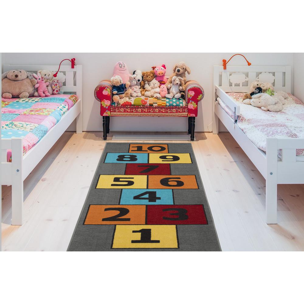 Ottomanson Children Garden S Collection Grey Background Hopscotch Design 3 Ft X 6 Ft Non Slip Kids Runner Rug