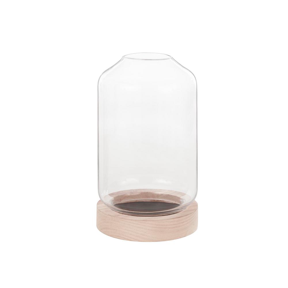 Hampton Bay 12 In Glass Hurricane Candle Holder Outdoor Patio With Wood Base Tg554l The Home Depot