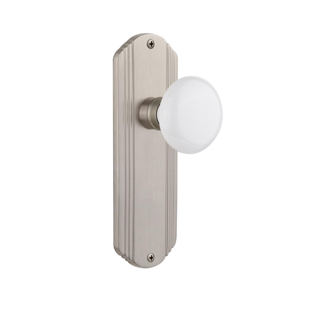 Nostalgic Warehouse Deco Plate Single Dummy White Porcelain Door Knob in Satin Nickel706204