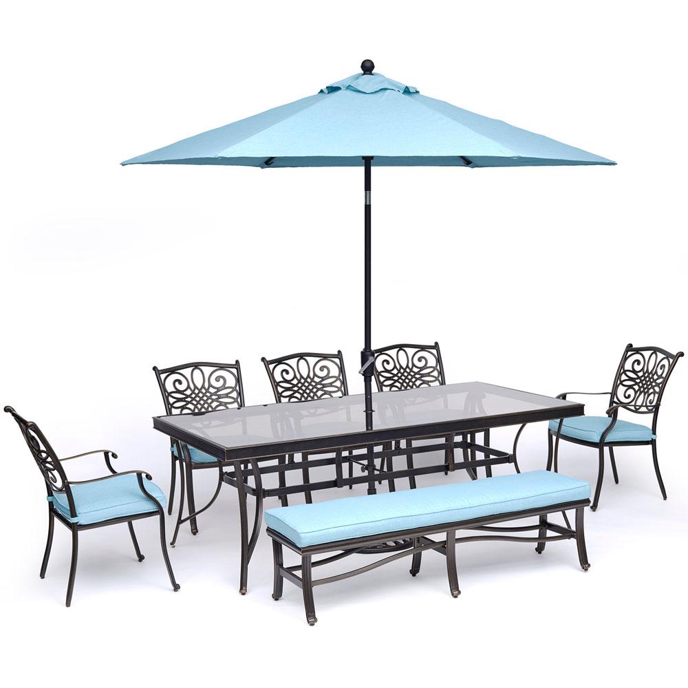 Hanover Traditions 7 Piece Aluminum Outdoor Dining Set With Blue Hanover Traditions 7 Piece Aluminum