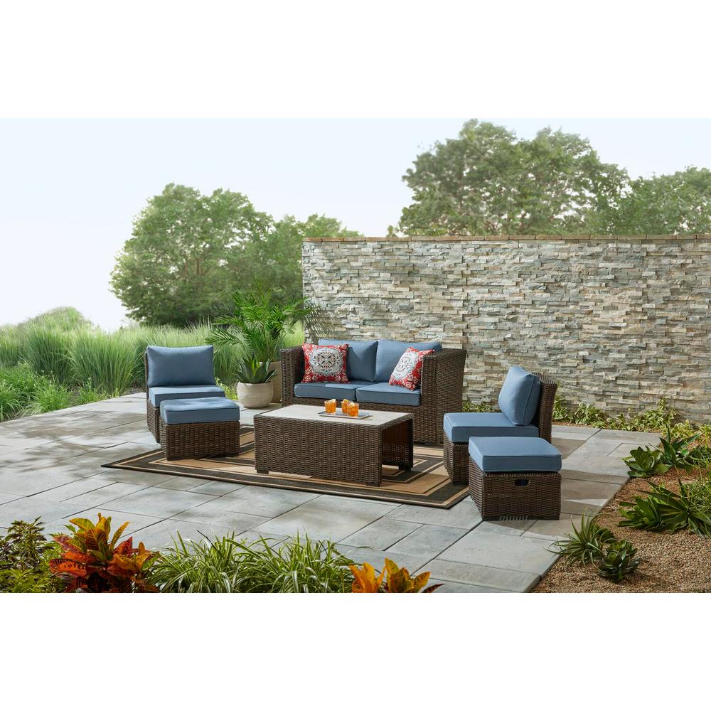 Hampton Bay Whitfield 6 Piece Dark Brown Wicker Outdoor Patio Seating Set With Cushionguard Steel Blue Cushions 1007 C4 6pc The Home Depot