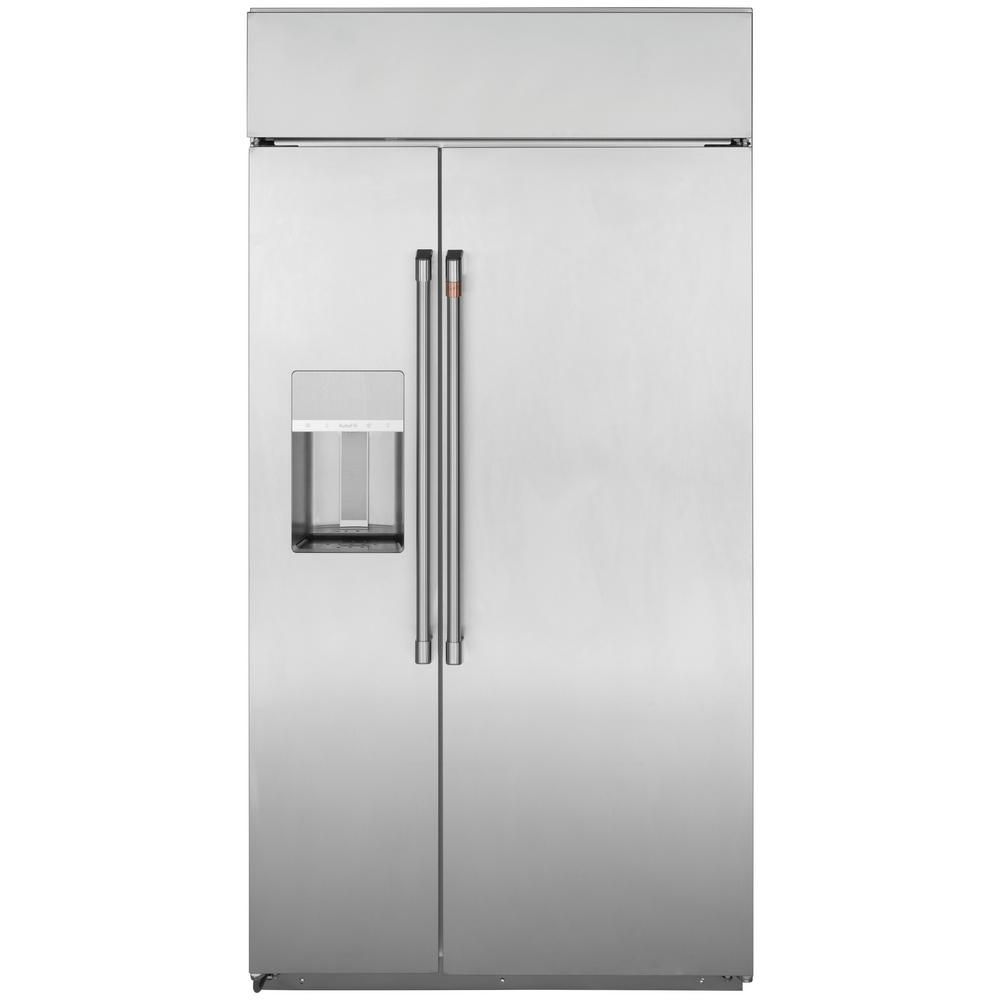 Cafe 28.7 cu. ft. Smart Built-In Side by Side Refrigerator with Hands Free Autofill Dispenser in Stainless Steel Silver For Sale