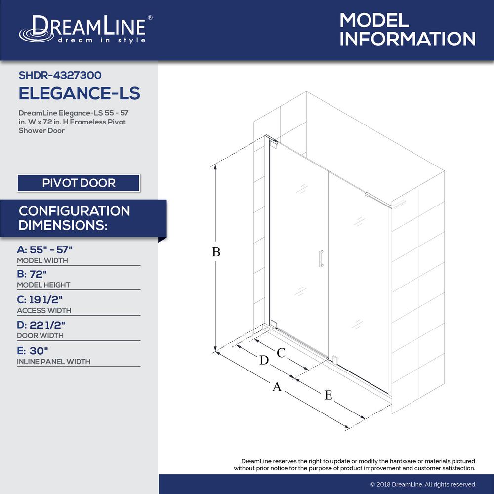 H Frameless Pivot Shower Door in Brushed Nickel DreamLine Elegance-LS 60 1//4-62 1//4 in W x 72 in SHDR-4332300-04