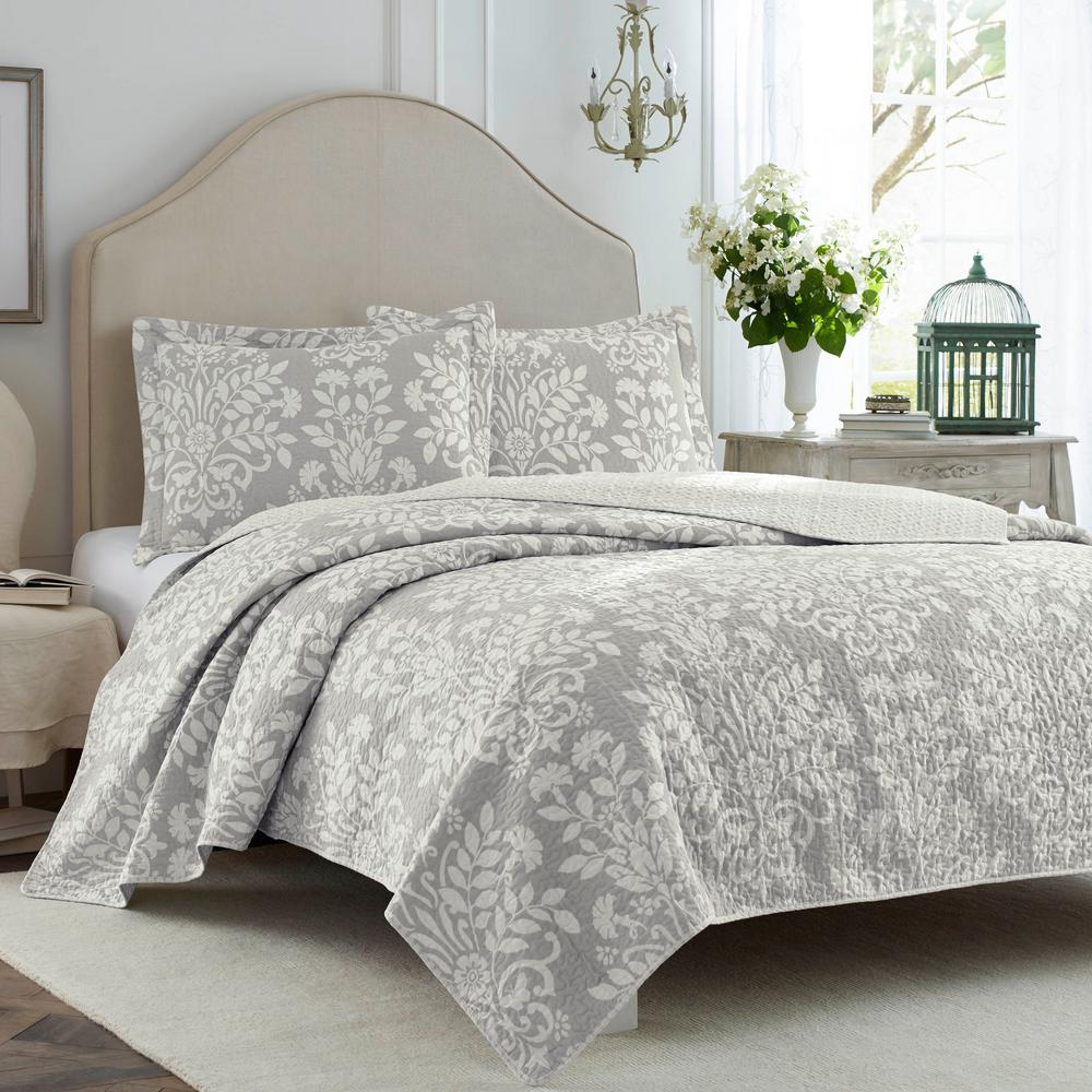 Laura Ashley Rowland 3 Piece Dove Grey King Quilt Set 221804 The