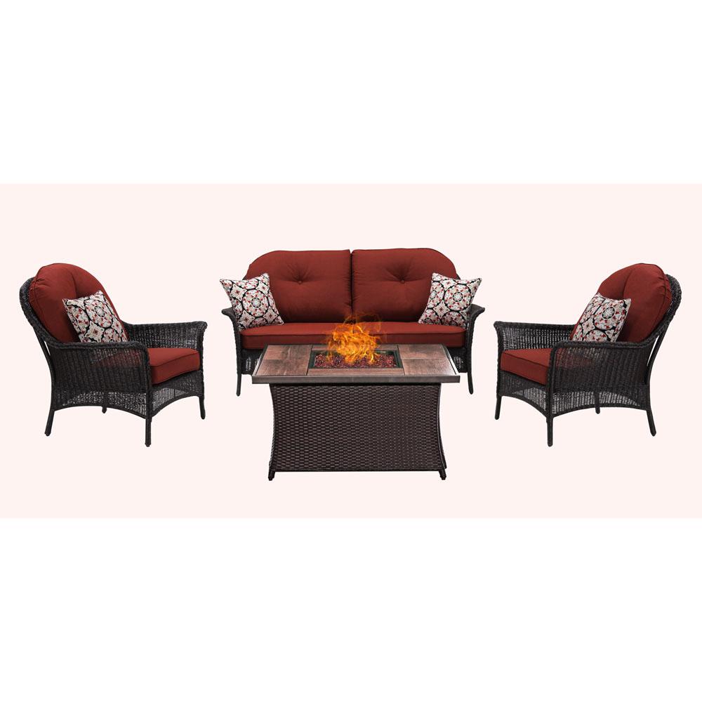 Hanover San Marino 4 Piece Metal Patio Seating Set Wood Grain Top San Marino 4 Piece Metal Patio Seating Set Wood Grain Top Fire Pit With Crimson Red Cushions