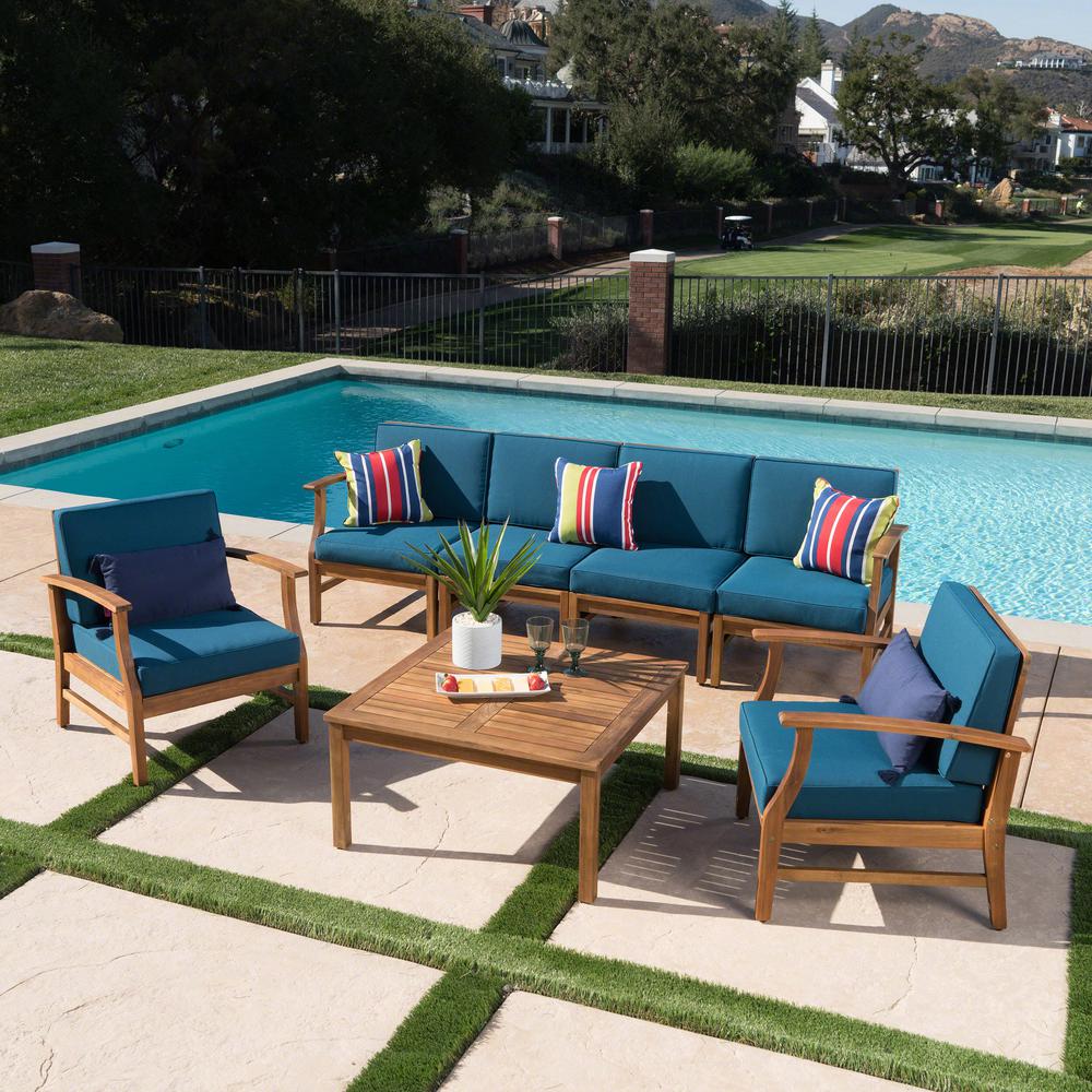Le House Giancarlo Teak 7 Piece Wood Patio Sofa And Club Chair Conversation Set With Blue Cushions
