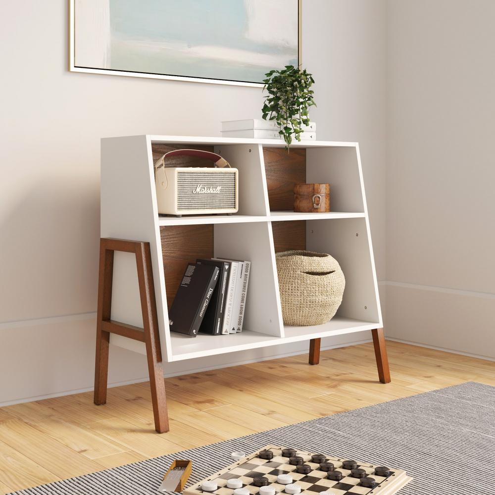 Nathan James Telos Glossy White and Brown 4-Cube Storage Organizer Open Shelves and Angled Design Cubby Shelf