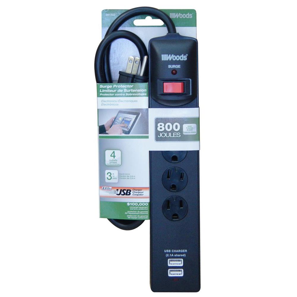 UPC 078693413025 product image for Woods Power Strips 4-Outlet 800-Joule Surge Protector, with USB Charger - Black  | upcitemdb.com