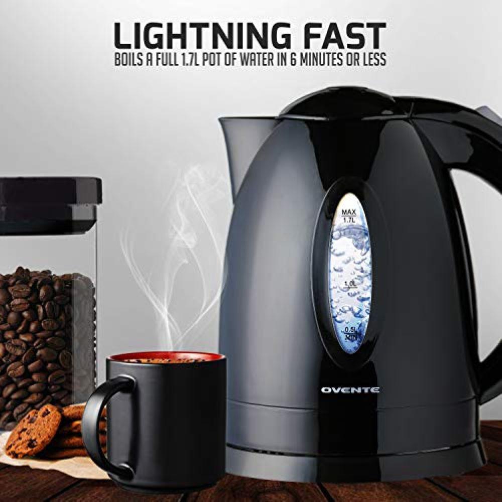 Ovente 1.7L Black BPAFree Electric Kettle, Fast Heating Water Boiler