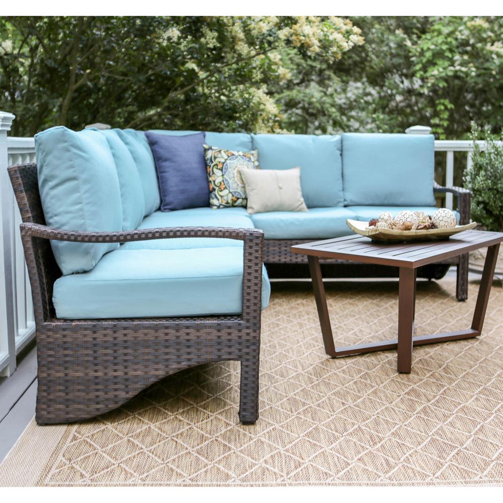 Leisure Made Augusta 5 Piece Wicker Outdoor Sectional Set With Blue Cushions 437409 Blu The Home Depot