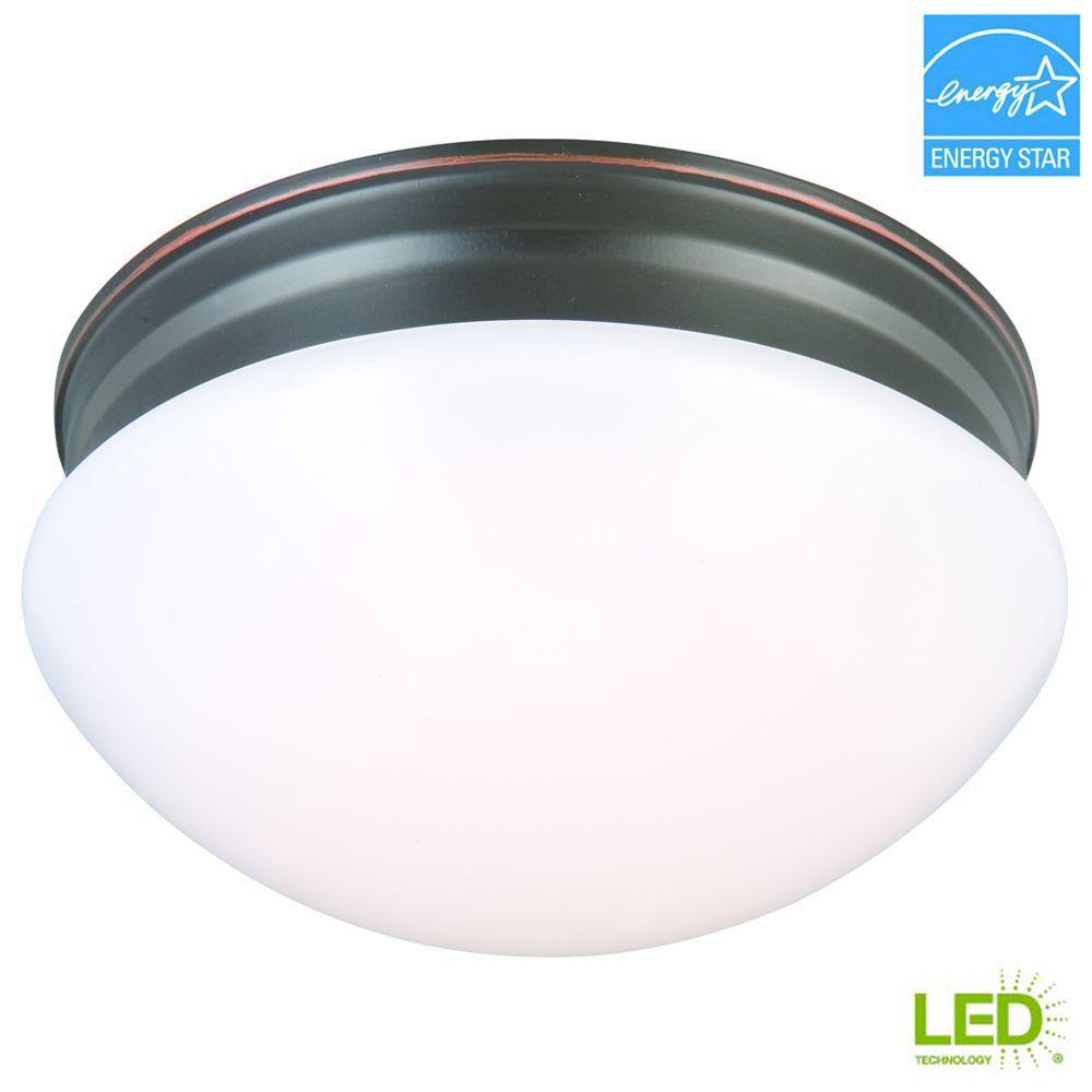 9 in. 60-Watt Equivalent Oil-Rubbed Bronze Integrated LED Mushroom Flushmount with White Acrylic Shade