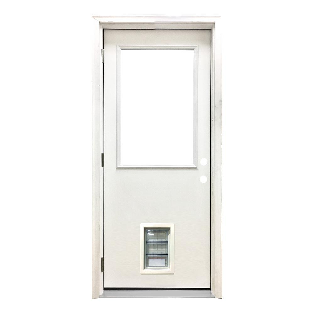 Steves Sons 30 In X 80 In Classic Half Lite Rhos White Primed Textured Fiberglass Prehung Front Door With Med Pet Door