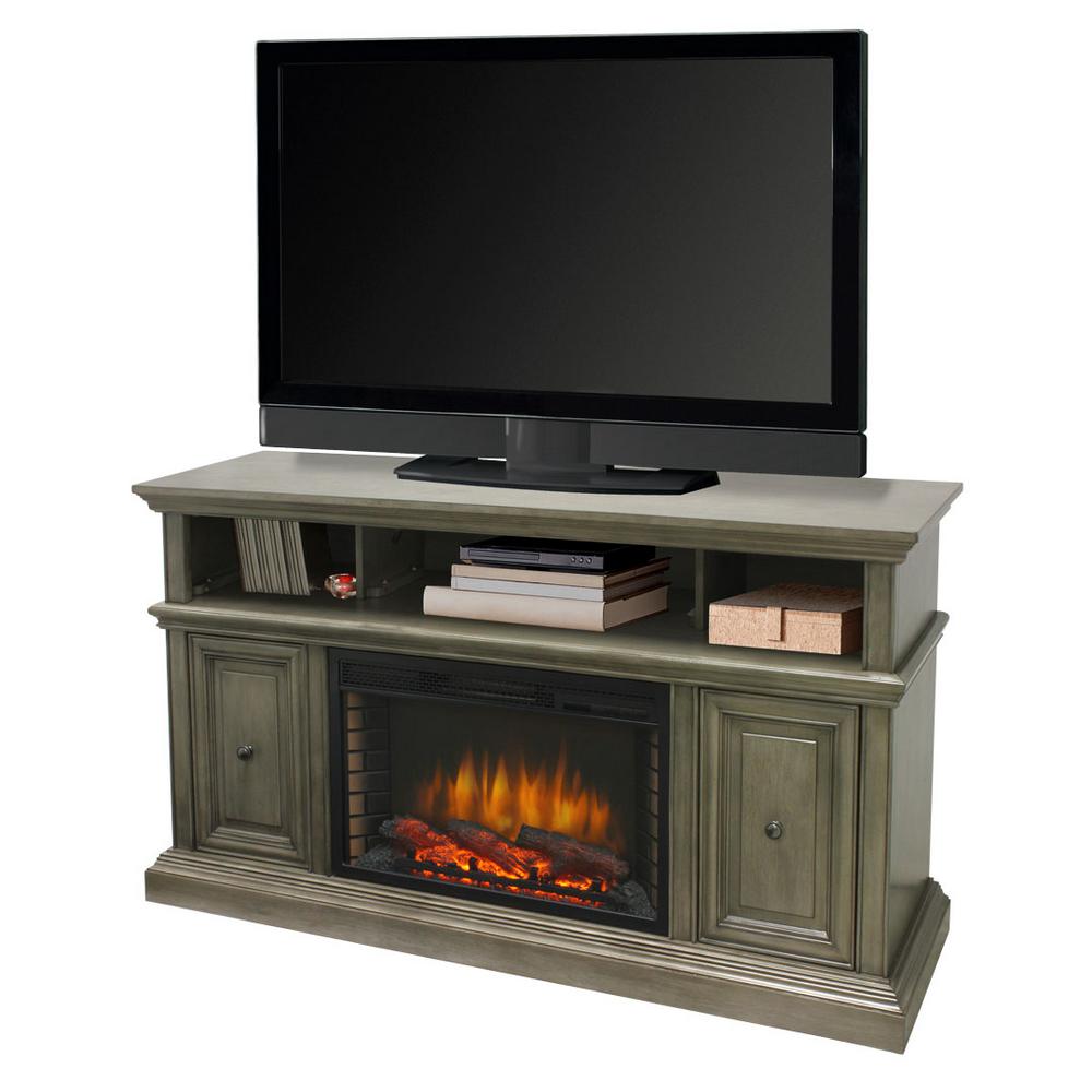 Electric Fire Pitt Media TV Stand Dark Weathered Gray Realistic Flame