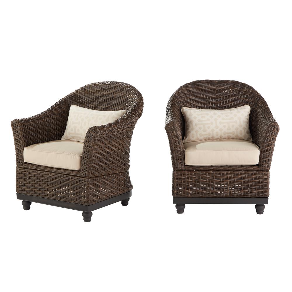 Beige Tan Home Decorators Collection Wicker Patio Furniture Camden Dark Brown Wicker Outdoor Porch Chat Lounge Chair With Sunbrella Fretwork Flax Cushions 2