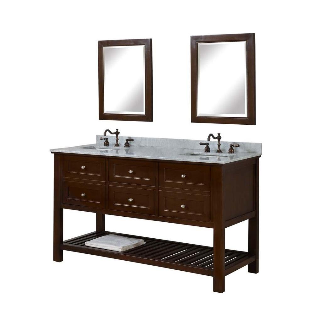 Direct Vanity Sink Mission Spa 60 In Double Vanity In Dark Brown With Marble Vanity Top In Carrara White And Mirrors