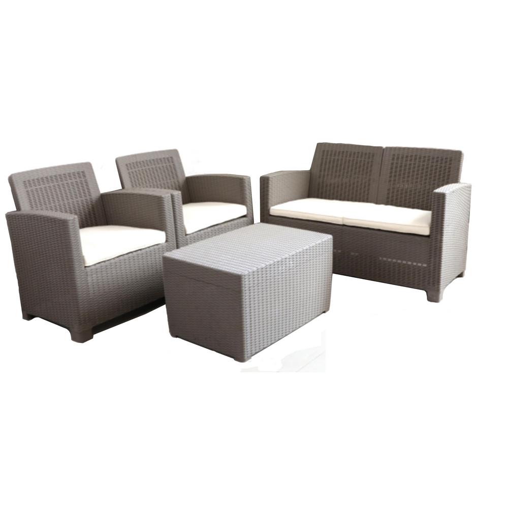 DIRECT WICKER Sukke Grey 4-Pieces Plastic Patio Sofa Set with Beige Seat Cushion and Coffee ...