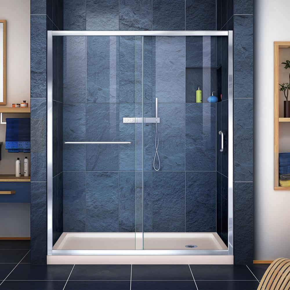 Dreamline Infinity Z 30 In X 60 Semi Frameless Sliding Shower Door Chrome With Right Drain Base Biscuit