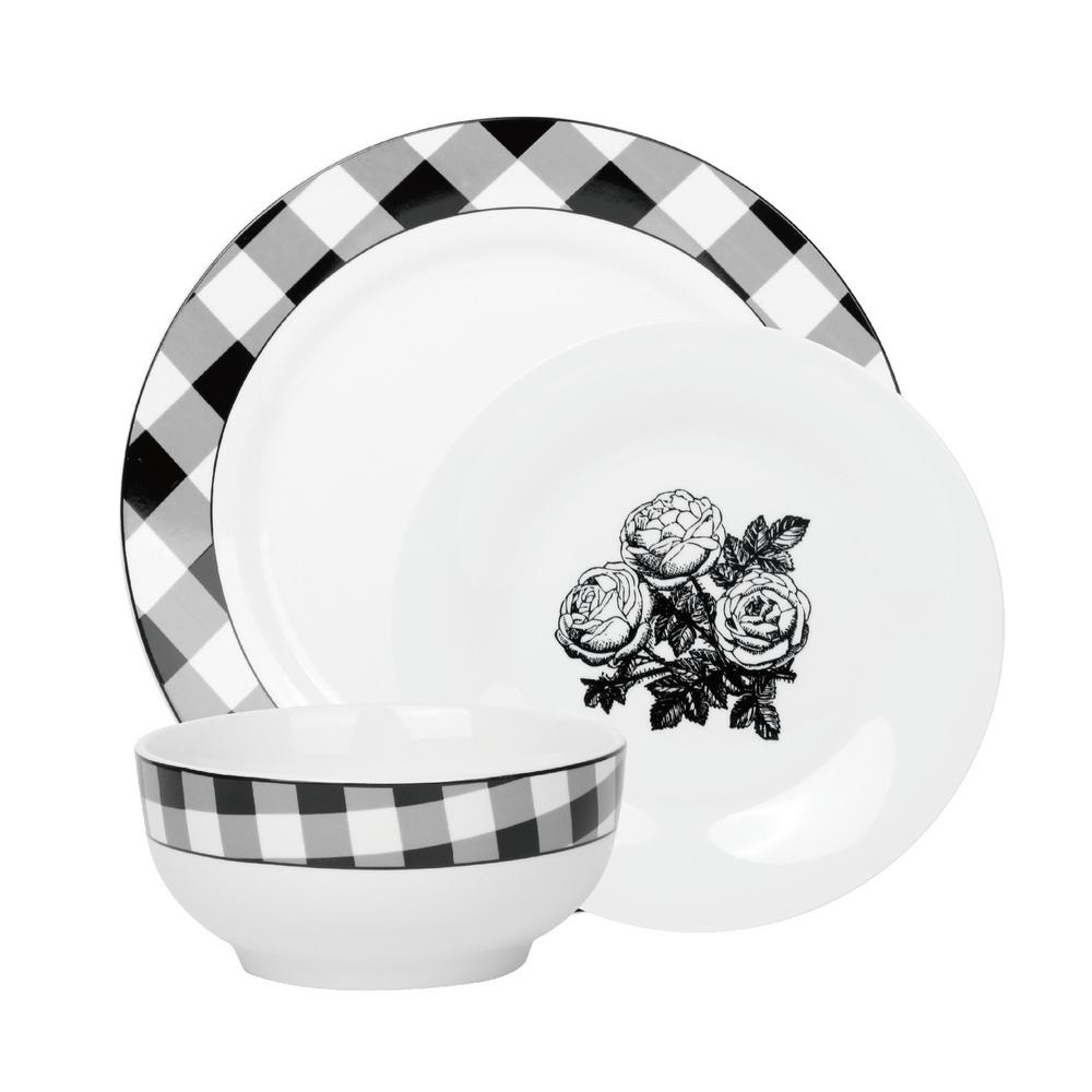 Godinger 12Piece Damier White and Black Porcelain Dinnerware Set
