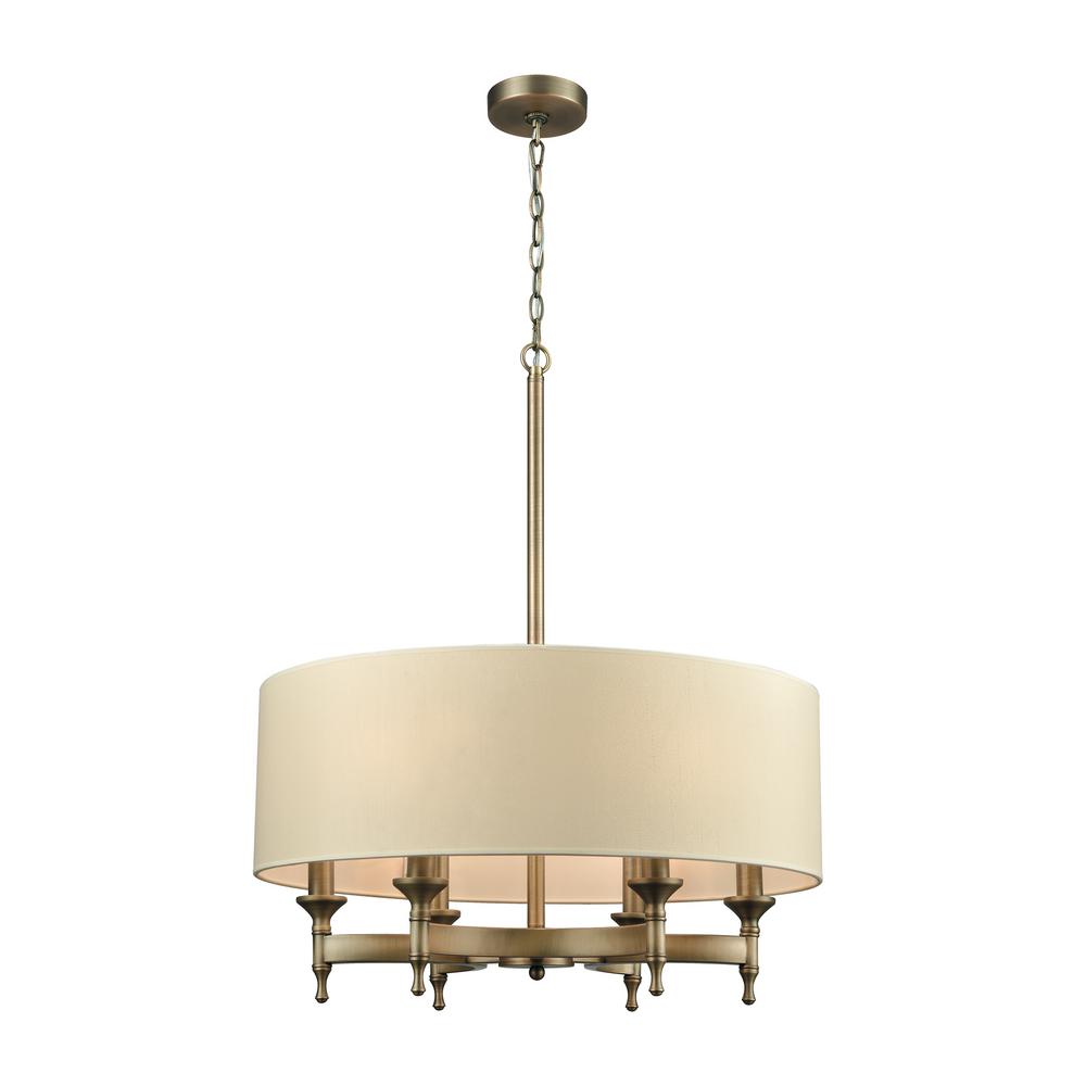 Titan Lighting Pembroke 6 Light Brushed Antique Brass Chandelier Titan Lighting Pembroke 6 Light Brushed Antique Brass Chandelier With Tan Fabric Shade