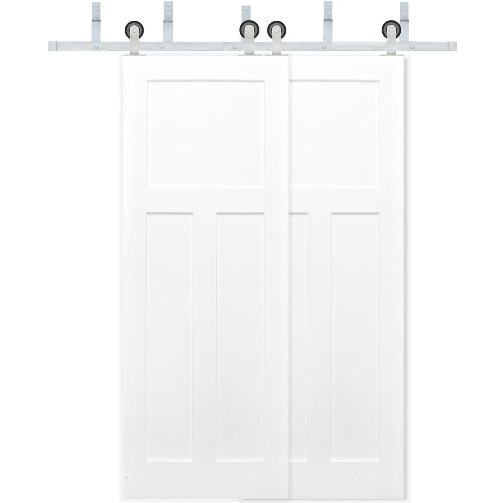 Pacific Entries 60 In X 80 Bypass 3 Panel Solid Core Primed 60 In X 80 Bypass 3 Panel Solid Core Primed Pine Wood Sliding Barn Door With Stainless Steel Hardware Kit