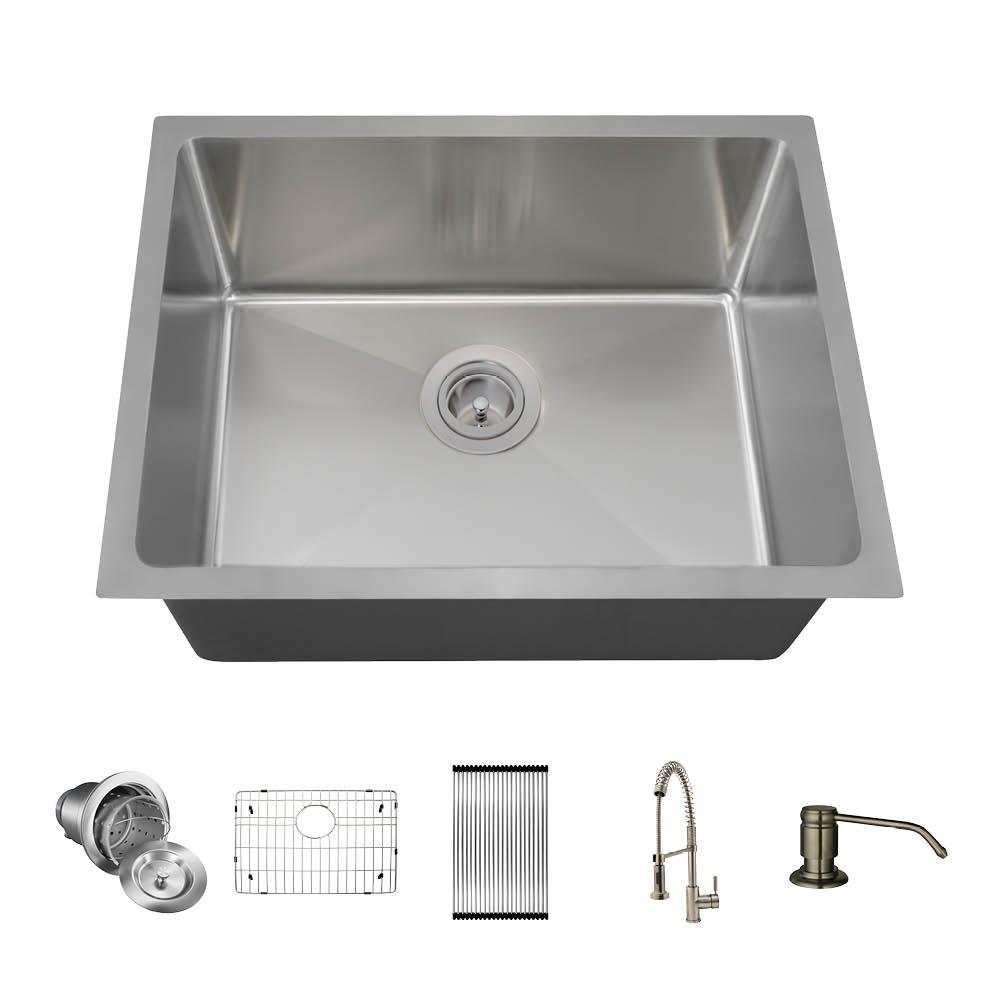 Mr Direct All In One Undermount Stainless Steel 23 In Single Bowl Kitchen Sink With Faucet In Brushed Nickel Sink Kit 1823 14 766 Bn Ens The Home Depot