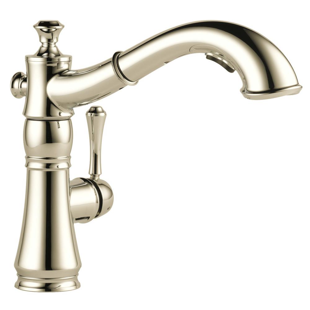 Delta Cassidy Single Handle Pull Out Sprayer Kitchen Faucet In Polished Nickel 4197 Pn Dst The Home Depot