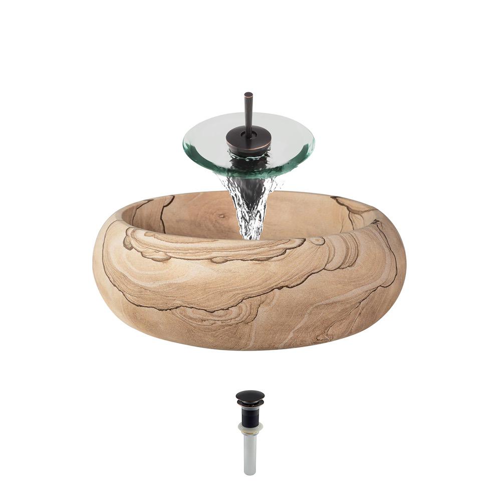 Mr Direct Stone Vessel Sink In Sandstone With Waterfall Faucet And Pop Up Drain In Antique Bronze