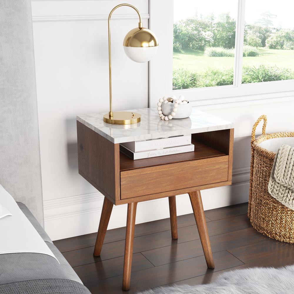 Nathan James James White and Brown Walnut Finish Faux Marble Top Storage Rectangular Accent Side or End Table