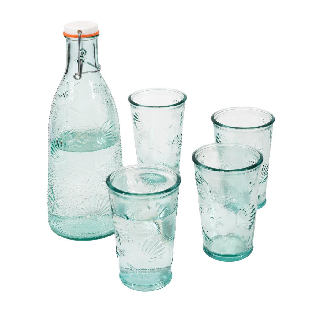 French Home Recycled Clear Glass, 1quart Coastal Water Bottle and Set